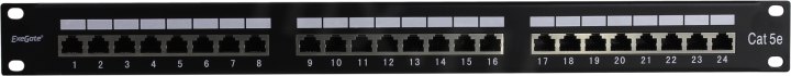 Патч-панель ExeGate EPP3-19-24-8P8C-C5e-SH-110D (19", STP, 24 port, cat.5e, полное экранирование, KRONE&110(dual IDC), 1U, RoHS, с кабельным органайзером, Black, RTL)