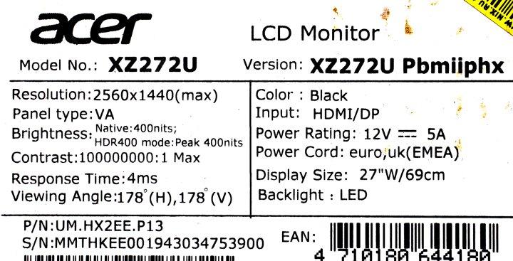 27" ЖК монитор Acer UM.HX2EE.P13 XZ272UPbmiiphx Black (Curved LCD 2560x1440 HDMI  DVI)