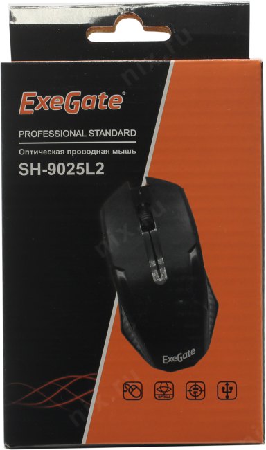 Мышь ExeGate Professional Standard SH-9025L2 (USB, оптическая, 1000dpi, 3D, 3 кнопки и колесо прокрутки, длина кабеля 2,2м, черная, Color Box)