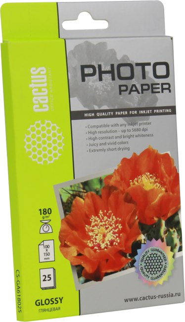 Cactus CS-GA618025 (10x15см 25 листов  180 г/м2) бумага глянцевая