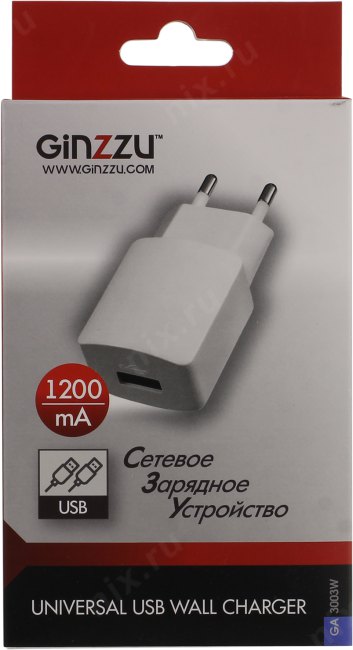 Ginzzu GA-3003W Зарядное устройство USB (Вх.AC110-240V  Вых.DC5V 6W USB)