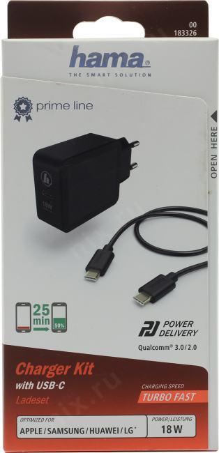 Hama 183326 Зарядное устройство USB (Вх. AC100-240VВых. DC5/9/12/15V 18W USB-C кабель USB-C)