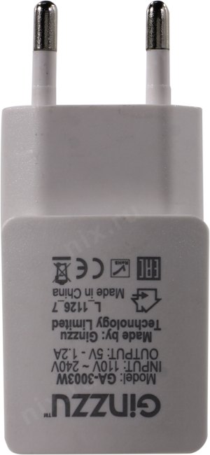 Ginzzu GA-3003W Зарядное устройство USB (Вх.AC110-240V  Вых.DC5V 6W USB)