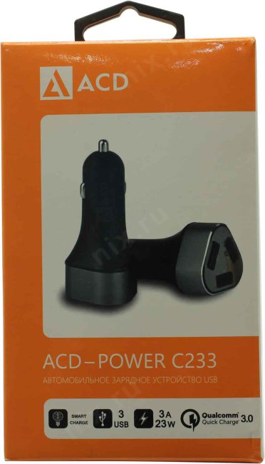 ACD <ACD-C233-X3B> Автомобильное зарядное уст-во USB (Вх. DC12-24V  Вых. DC5/9/12V 23W 3xUSB)
