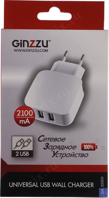 Ginzzu GA-3008W Зарядное устройство USB (Вх.AC110-240V  Вых.  DC5V 10.5W  2xUSB)