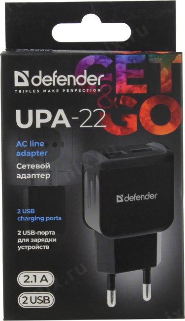 Defender UPA-22 Black 83579 Зарядное устройство USB (Вх. AC100-240V  Вых.  DC5V 15W  2xUSB)