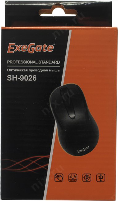 Мышь ExeGate Professional Standard SH-9026 (USB, оптическая, 1000dpi, 3D, 3 кнопки и колесо прокрутки, длина кабеля 1,35м, черная, Color Box)