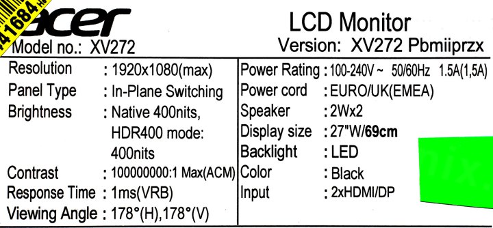27" ЖК монитор Acer UM.HX2EE.P07 XV272Pbmiiprzx Black с пов.экрана  (LCD 1920x1080HDMIDPUSB3.0  Hub)
