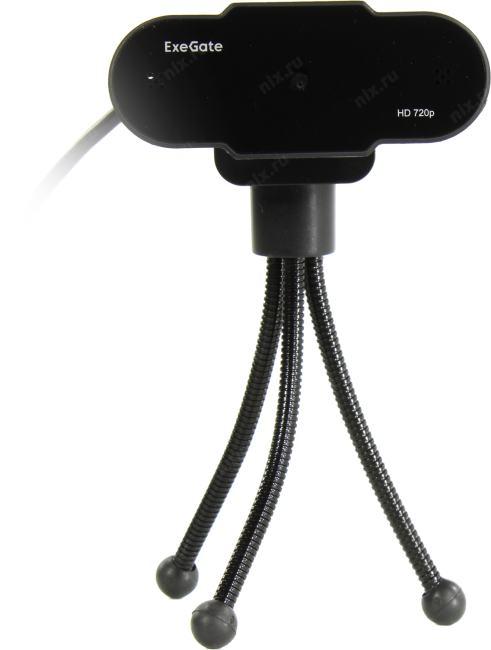 Веб-камера ExeGate BlackView C525 HD Tripod (матрица 1/3" 1,3 Мп, 1280х720, 720P, 30fps, 4-линзовый объектив, шторка, USB, фиксированный фокус, микрофон с шумоподавлением, универсальное крепление, штатив Flex в комплекте, кабель 1,5 м, Windows® 7/8/10/11,