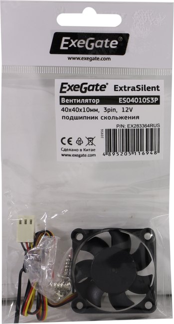 Вентилятор 12В DC ExeGate ExtraSilent ES04010S3P (40x40x10 мм, Sleeve bearing (подшипник скольжения), 3pin, 4000RPM, 19dBA)