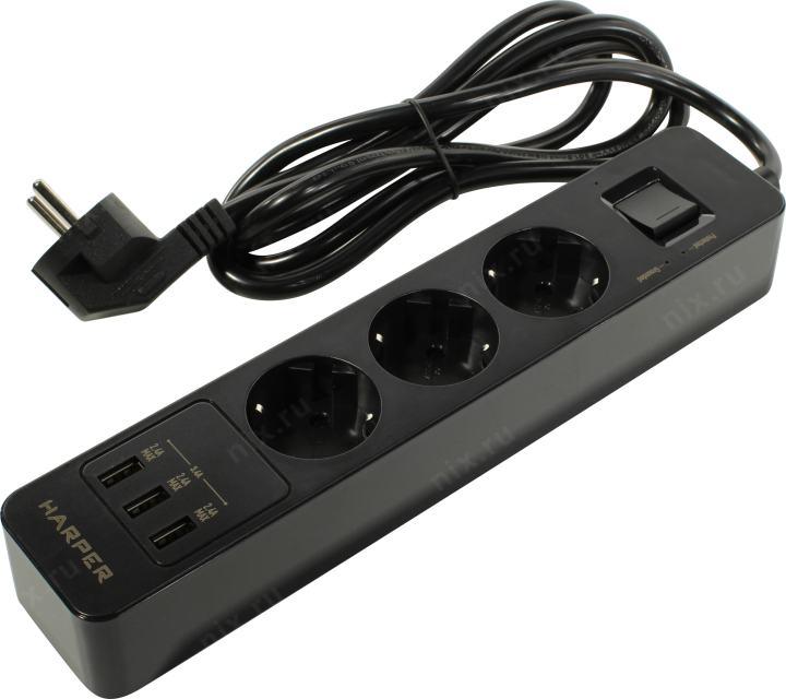 Удлинитель HARPER UCH-330 Black 1.5м (3  розетки  + 3  USB)