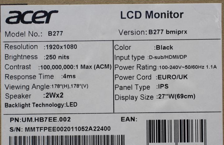 27"    ЖК монитор Acer UM.HB7EE.002 B277bmiprx Black с поворотом экрана (LCD 1920x1080 D-Sub  HDMI DP )