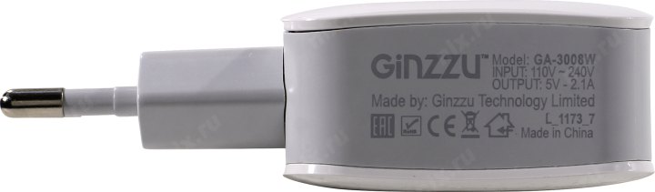 Ginzzu GA-3008W Зарядное устройство USB (Вх.AC110-240V  Вых.  DC5V 10.5W  2xUSB)
