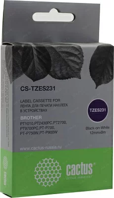 Cactus CS-TZES231 лента для печати этикеток (ширина 12мм 8м Black on White) для Brother