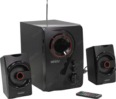 Колонка Ginzzu GM-406 (2x10W +Subwoofer 20W дерево Bluetooth USB SD  FM ПДУ)