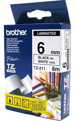 Brother TZ(e)-211 ламинированная лента для печати этикеток (ширина 6мм 8м чёрный на белом)