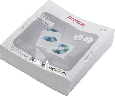 Hama 62672 Конверты для CD/DVD на 1 диск белые бумажные с прозрачным окошком уп.100 шт