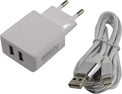 Ginzzu GA-3313UW Зарядное устройство USB (Вх.AC110-240V Вых.DC5V 15.5W  2xUSB   кабель  Lightning)