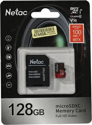 Карта памяти Netac <NT02P500PRO-128G-R> microSDXC Memory Card 128Gb A1 V30 UHS-I  U3 + microSD-->SD Adapter