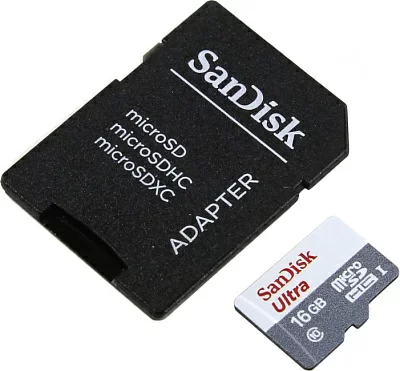 Карта памяти SanDisk Ultra SDSQUNS-016G-GN3MA microSDHC Memory Card 16Gb UHS-I U1 Class10  +  microSD--> SD  Adapter