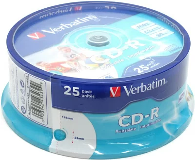 Диск CD-R Verbatim  700Mb 52x sp. уп.25 шт на шпинделе  printable 43439