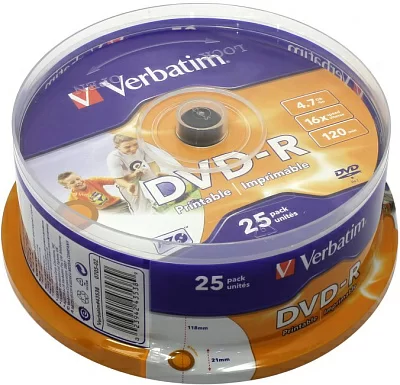 Диск DVD-R Disc Verbatim 4.7Gb 16x уп.25 шт на шпинделе  printable 43538