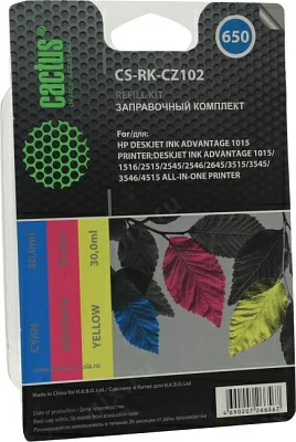 Заправочный комплект Cactus CS-RK-CZ102 C/M/Y (3x30мл)  для HP DJ 1015/1516/2515/2545/2645/3515/3545