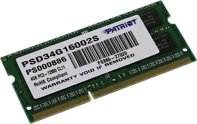 Модуль памяти Patriot PSD34G16002S DDR3 SODIMM 4Gb PC3-12800 CL11 (for NoteBook)