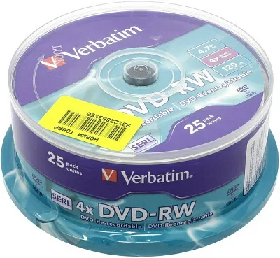 Диск DVD-RW Disc Verbatim 4.7Gb 4x уп.25 шт на шпинделе 43639