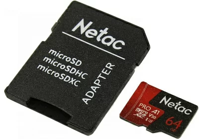 Карта памяти Netac <NT02P500PRO-064G-R> microSDXC Memory Card 64Gb A1 V30 UHS-I U3  + microSD-->SD  Adapter