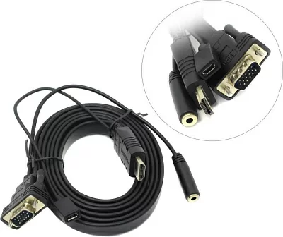 VCOM CG598-1.8м Кабель-адаптер HDMI  -> VGA(15M)+audio (плоский питание  microUSB)