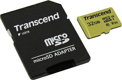 Карта памяти Transcend TS32GUSD500S microSDHC Memory Card 32Gb UHS-I U3  V30 + microSD-->SD Adapter