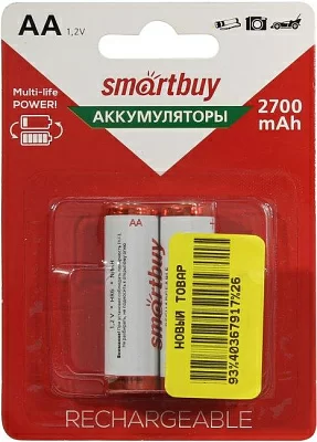 Аккумулятор Smartbuy SBBR-2A02BL2700 (1.2V 2700mAh) NiMh Size "AA" уп.2 шт