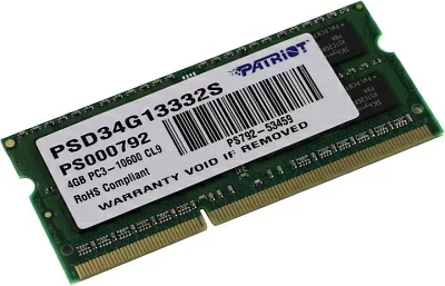 Модуль памяти Patriot <PSD34G13332S> DDR3 SODIMM 4Gb <PC3-10600>  CL9 (for  NoteBook)