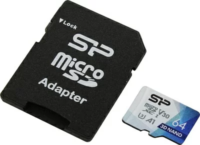 Карта памяти Silicon Power SP064GBSTXDU3V20AB microSDXC Memory Card 64Gb UHS-I U3  V30  + microSD-->SD  Adapter